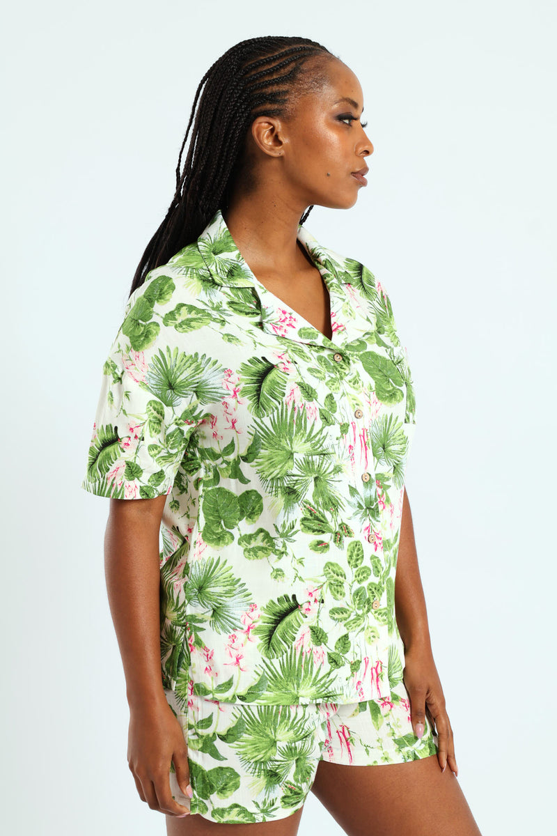 Button Through Jungle Linen Short Set - Multi