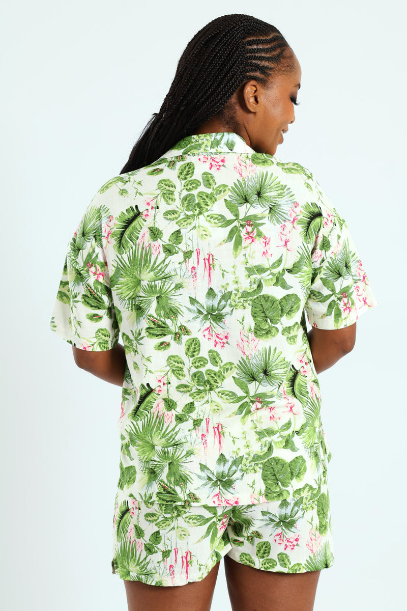 Button Through Jungle Linen Short Set - Multi
