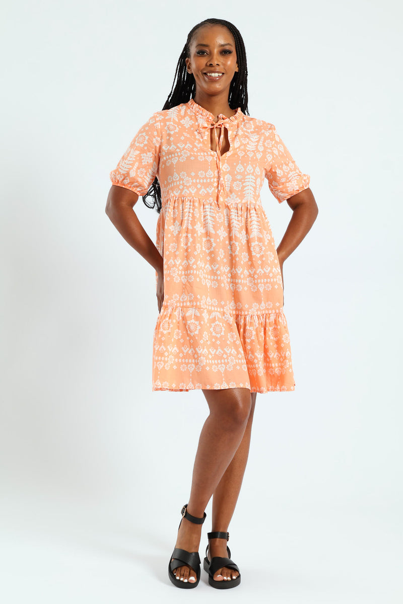 Frill Neck & Tie Swing Mini Dress - Coral
