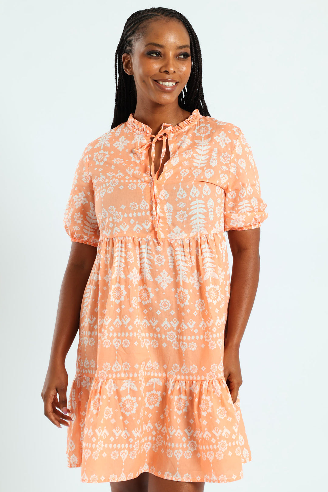 Frill Neck & Tie Swing Mini Dress - Coral