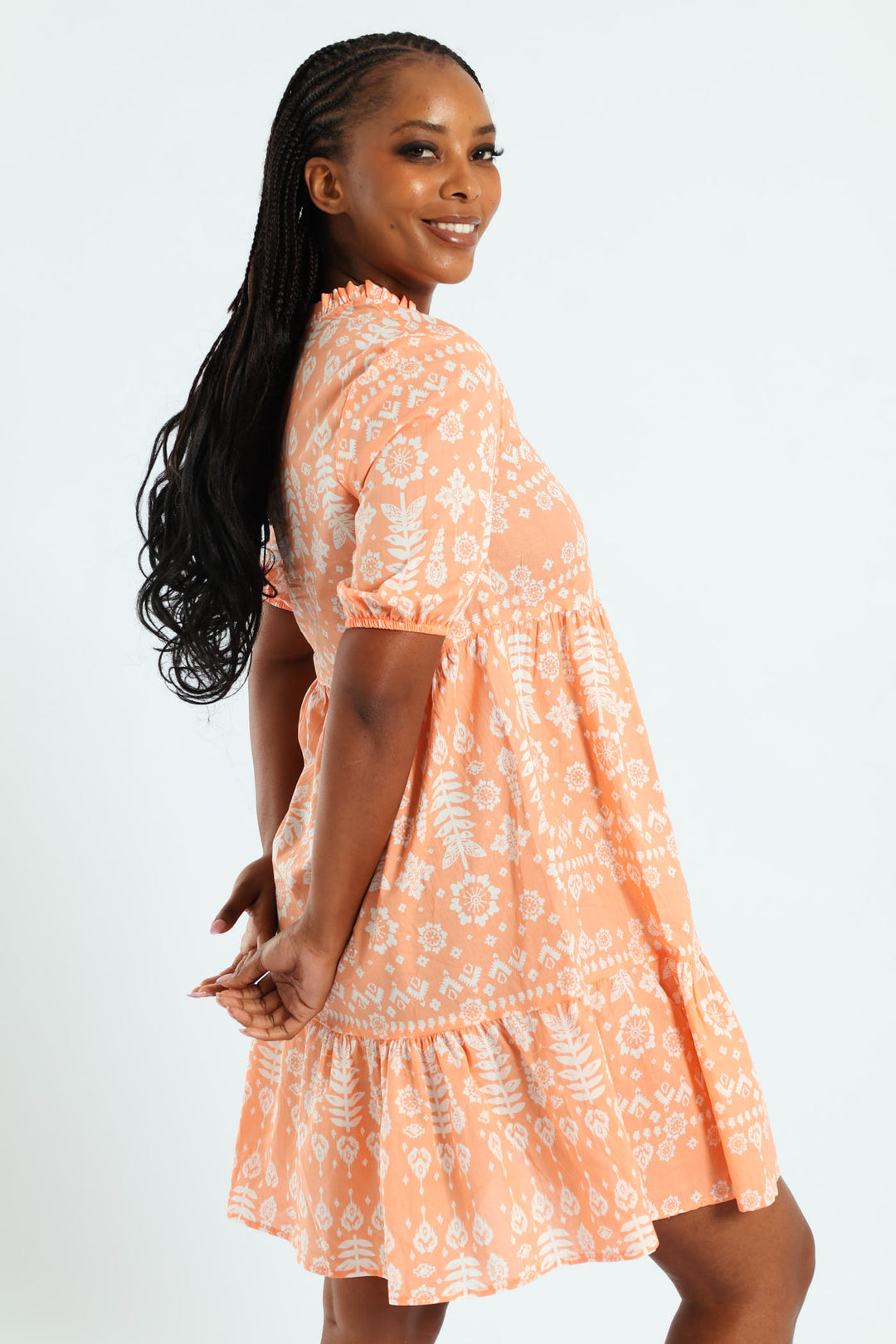 Frill Neck & Tie Swing Mini Dress - Coral