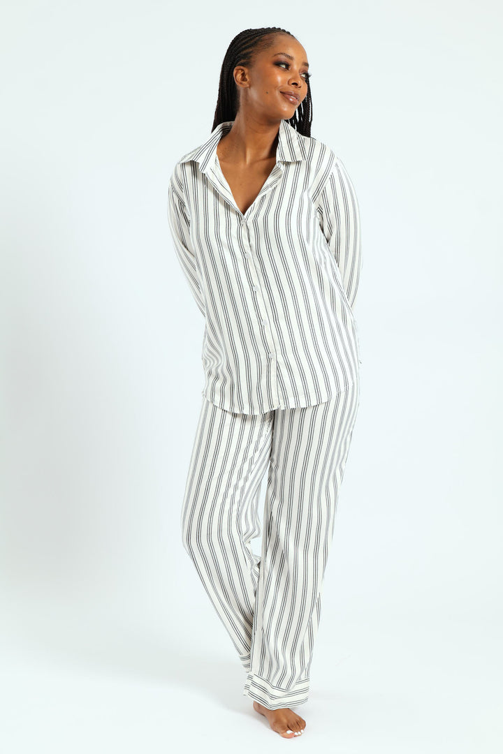 Button Through Stripe Top & Pant Set - Black/White