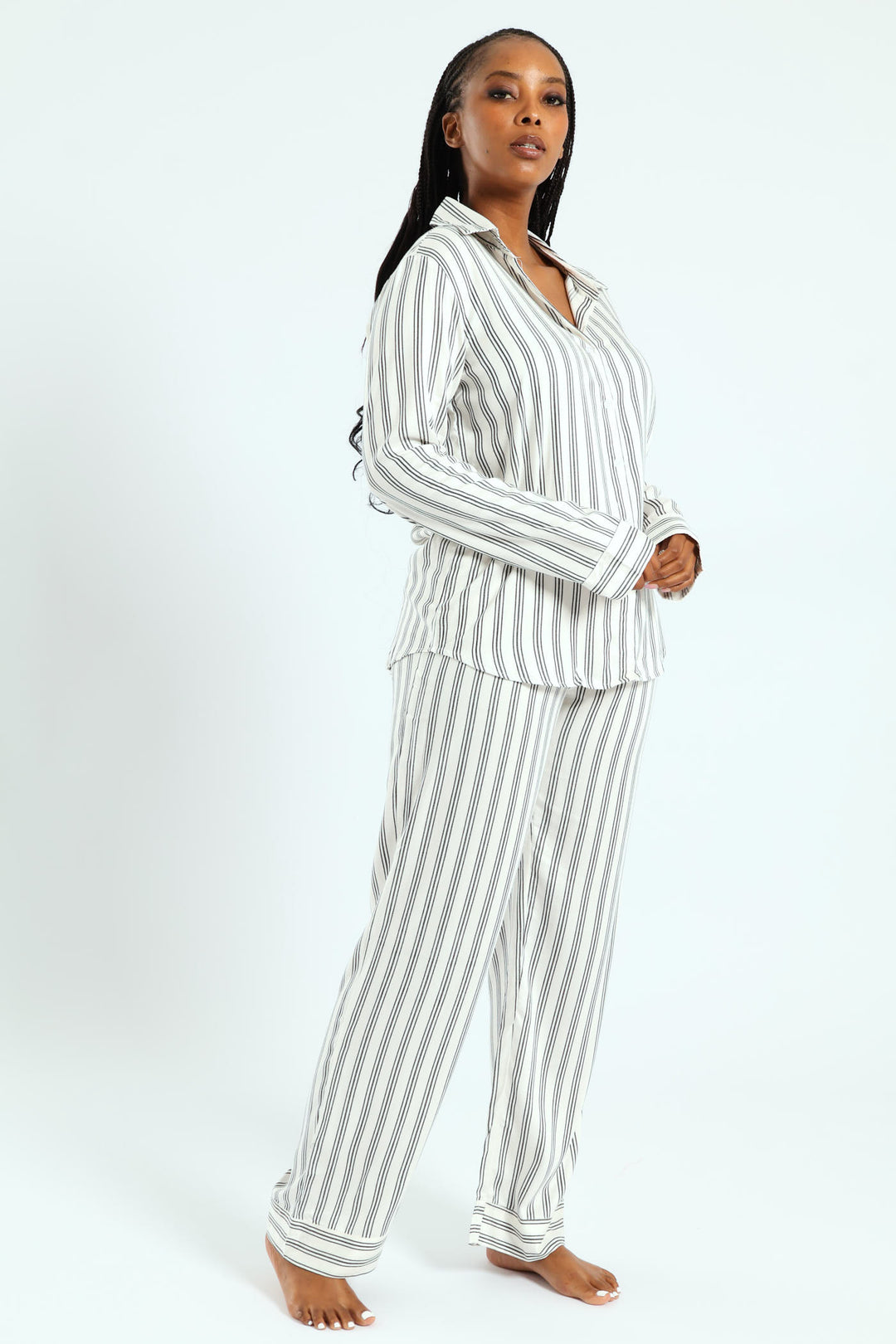 Button Through Stripe Top & Pant Set - Black/White