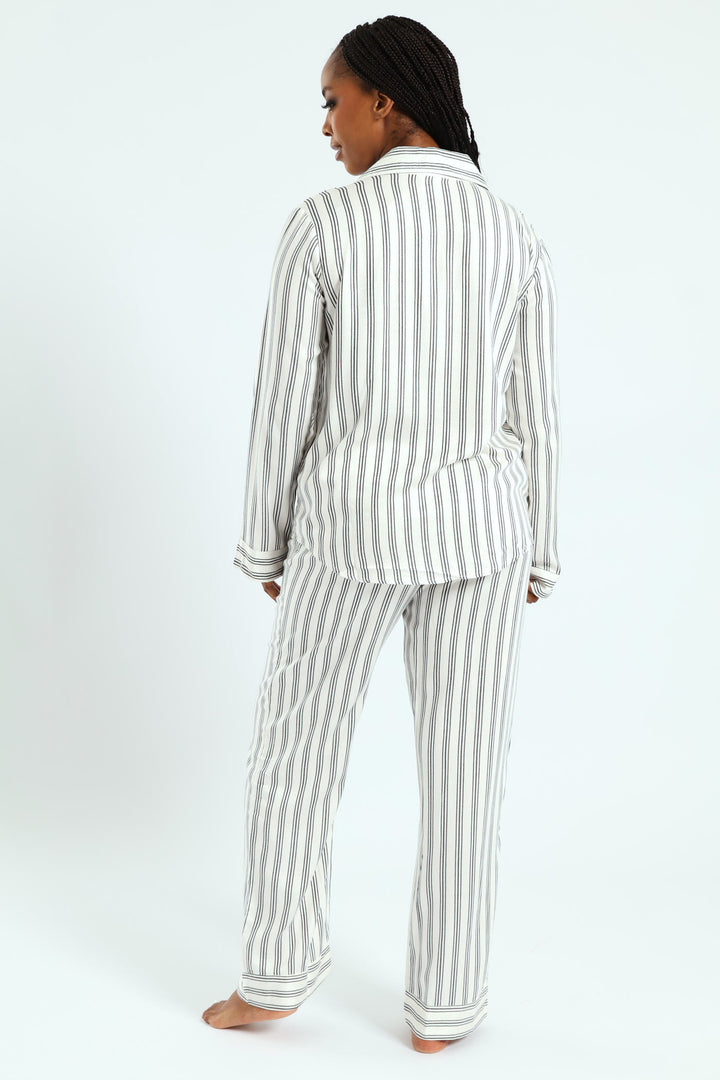Button Through Stripe Top & Pant Set - Black/White