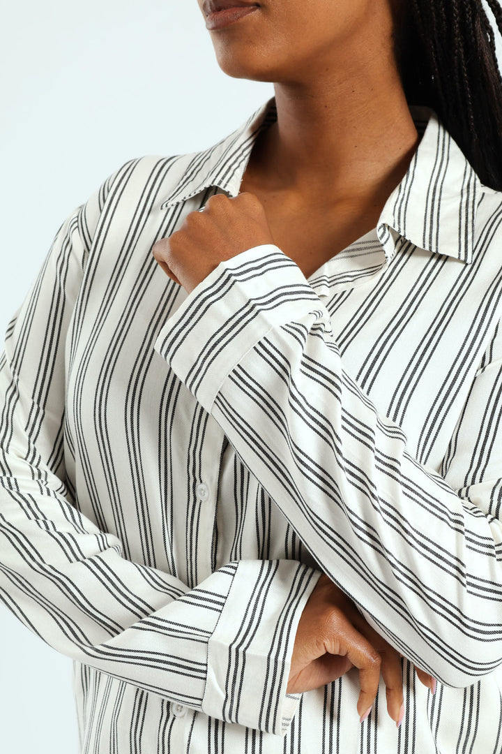 Button Through Stripe Top & Pant Set - Black/White
