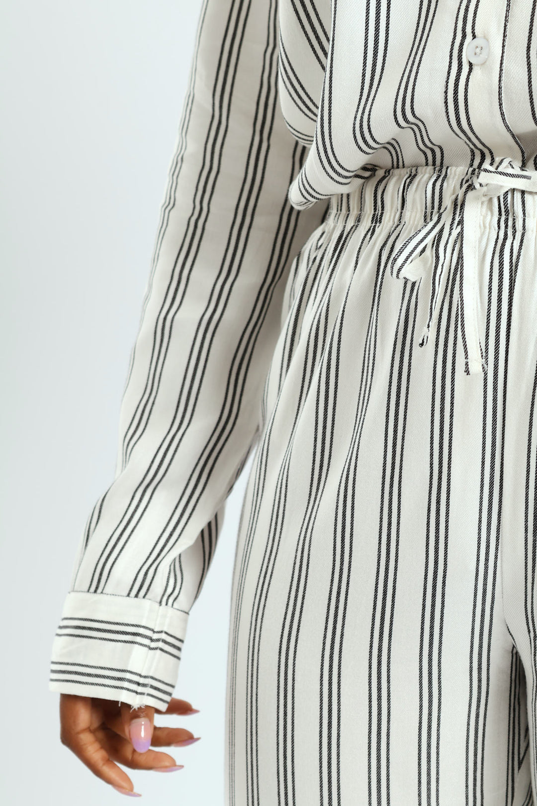 Button Through Stripe Top & Pant Set - Black/White