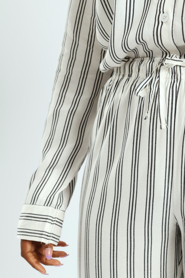 Button Through Stripe Top & Pant Set - Black/White