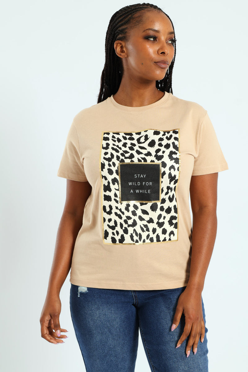 Stay Wild Leopard Frame Tee - Tan