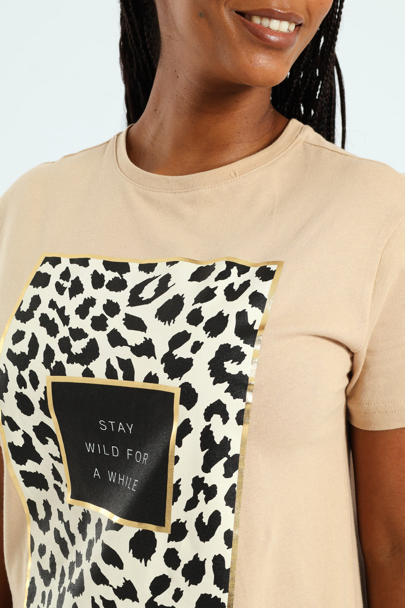 Stay Wild Leopard Frame Tee - Tan