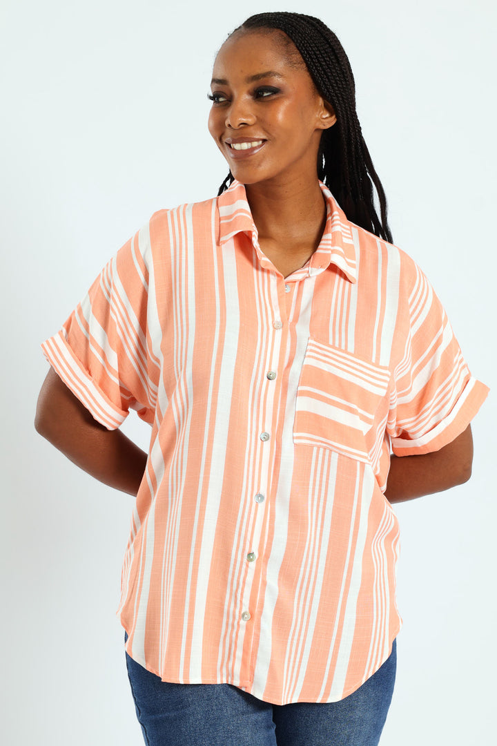Short Sleeve Stripe Easywearing Shirt - Coral