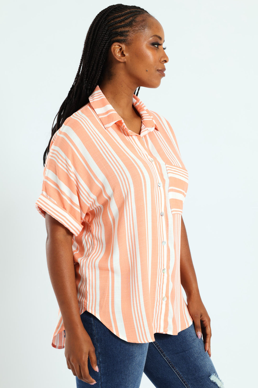 Short Sleeve Stripe Easywearing Shirt - Coral