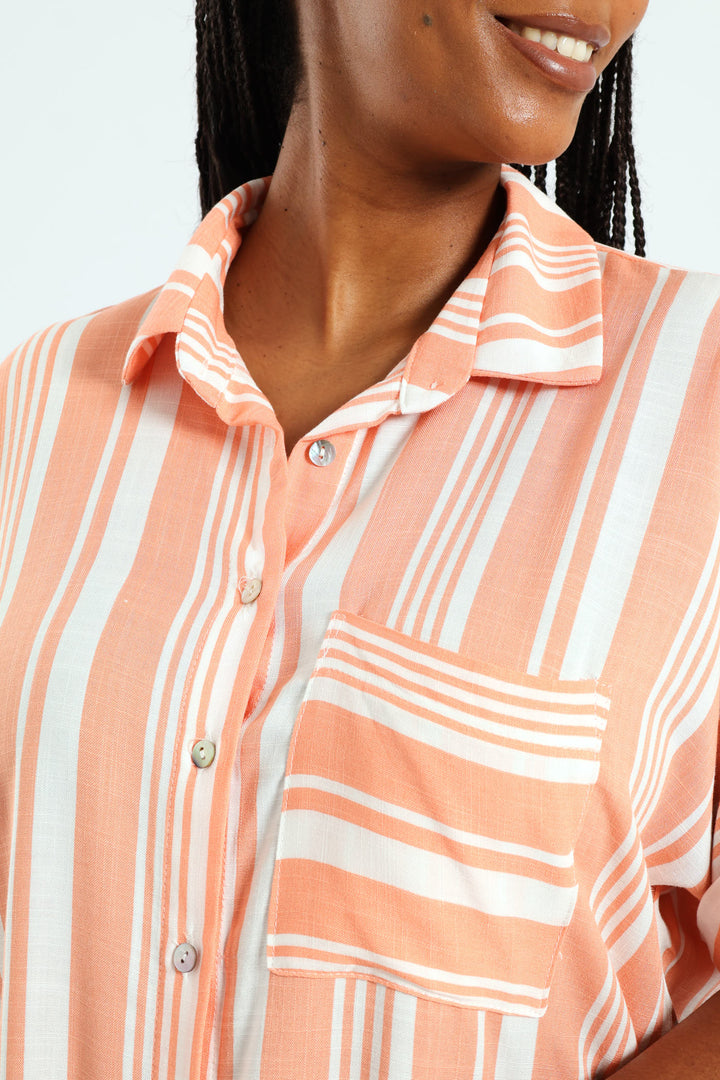 Short Sleeve Stripe Easywearing Shirt - Coral