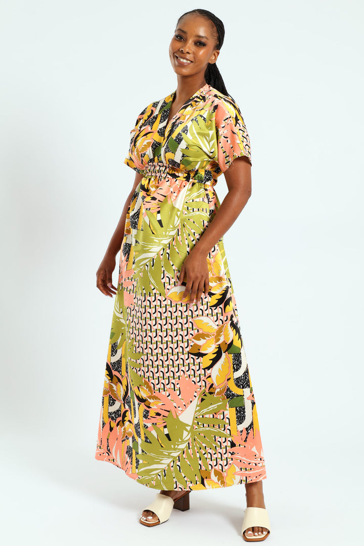Short Sleeve V-Neck Shirred Waist Printed Satin Maxi Dress - Multi