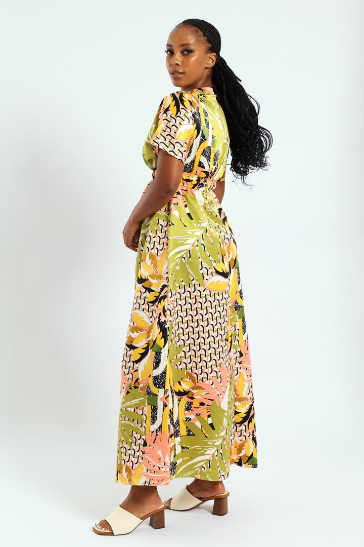 Short Sleeve V-Neck Shirred Waist Printed Satin Maxi Dress - Multi