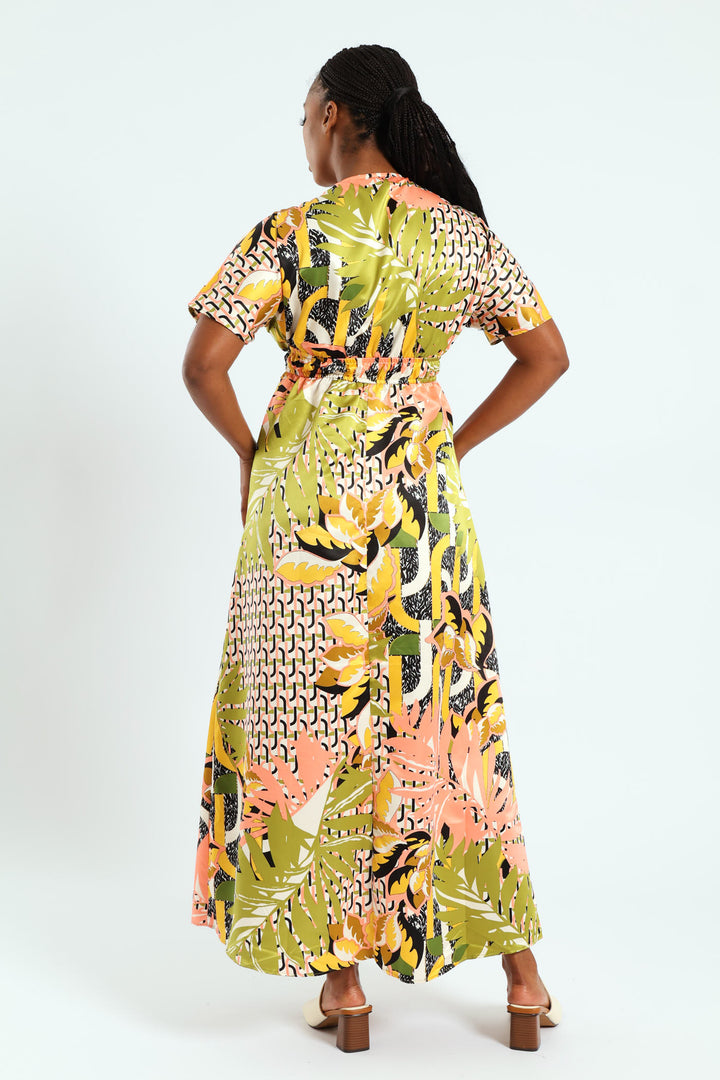 Short Sleeve V-Neck Shirred Waist Printed Satin Maxi Dress - Multi