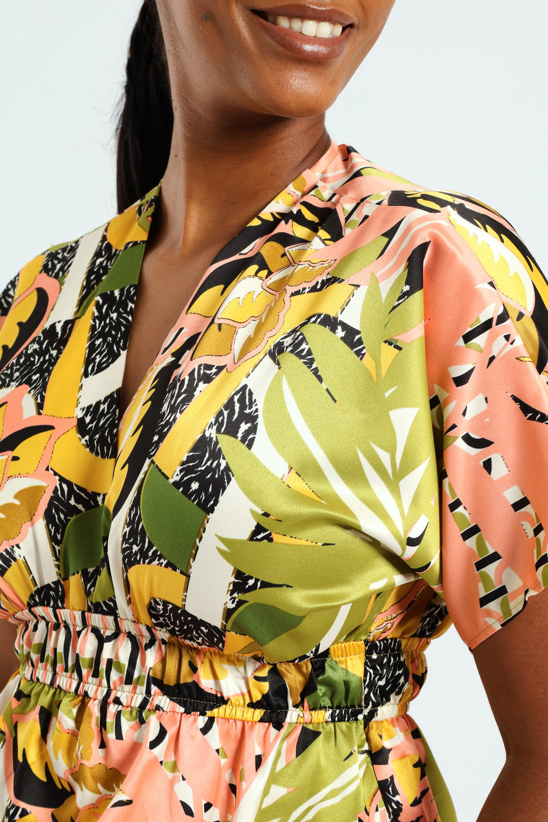 Short Sleeve V-Neck Shirred Waist Printed Satin Maxi Dress - Multi