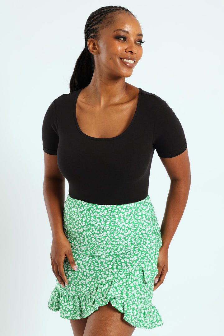 Pull-On Mock Wrap Frill Hem Mini Skirt - White/Green