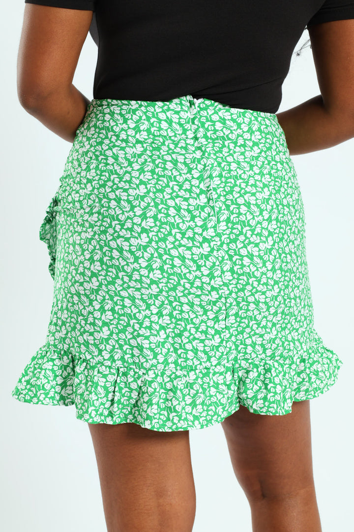 Pull-On Mock Wrap Frill Hem Mini Skirt - White/Green