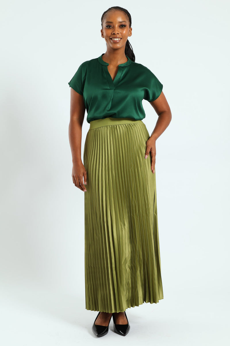 Pleated Satin Maxi Skirt - Matcha