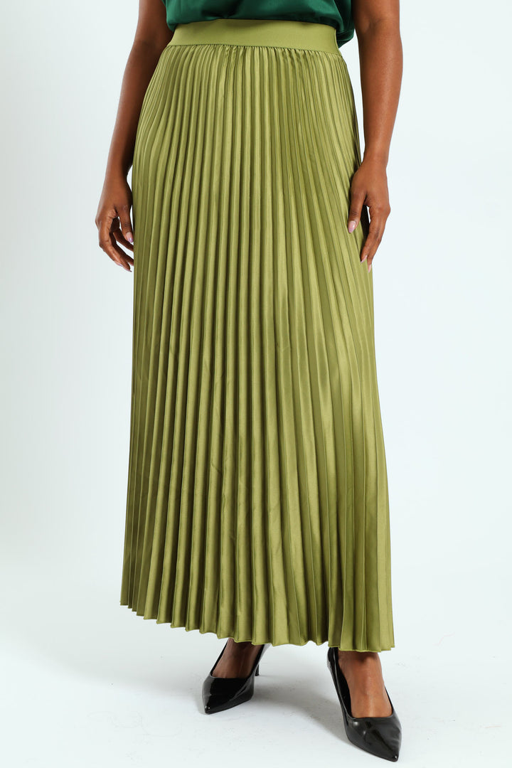 Pleated Satin Maxi Skirt - Matcha
