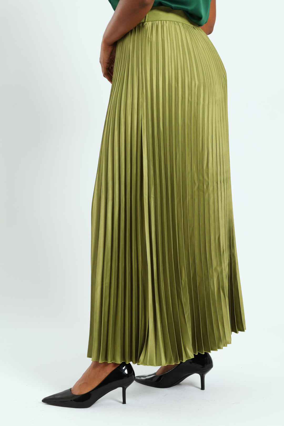 Pleated Satin Maxi Skirt - Matcha
