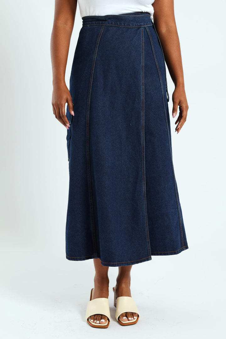 Self Belt Denim Wrap Cargo Pocket Maxi Skirt - Dark Wash