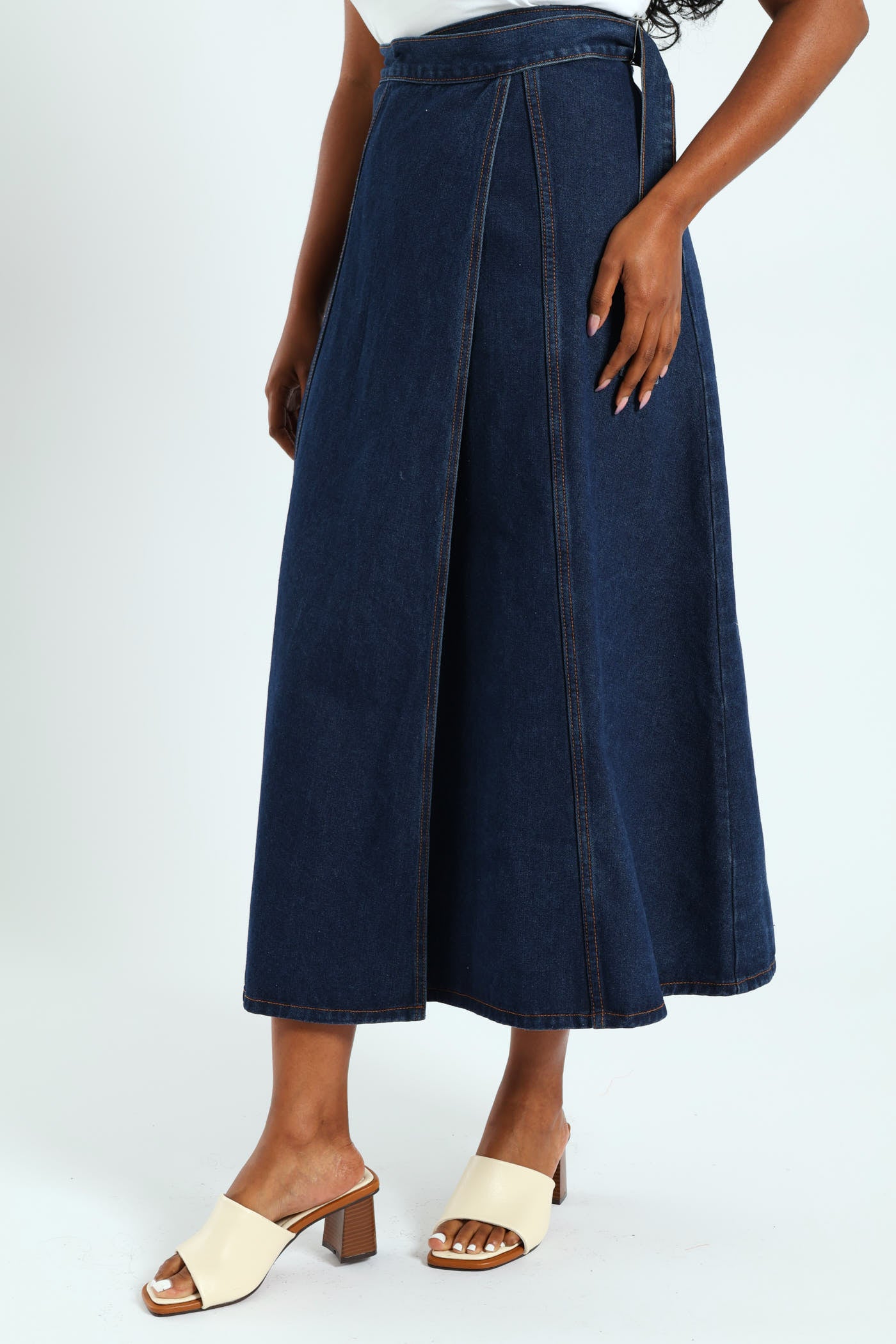 Ladies Self Belt Denim Wrap Cargo Pocket Maxi Skirt - Dark Wash