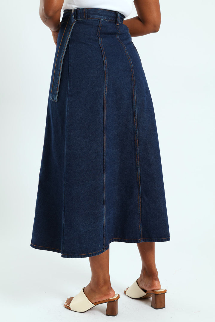 Self Belt Denim Wrap Cargo Pocket Maxi Skirt - Dark Wash