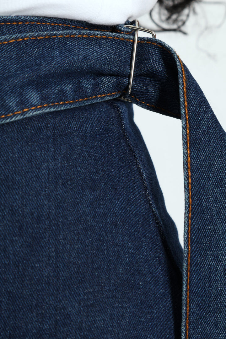 Self Belt Denim Wrap Cargo Pocket Maxi Skirt - Dark Wash