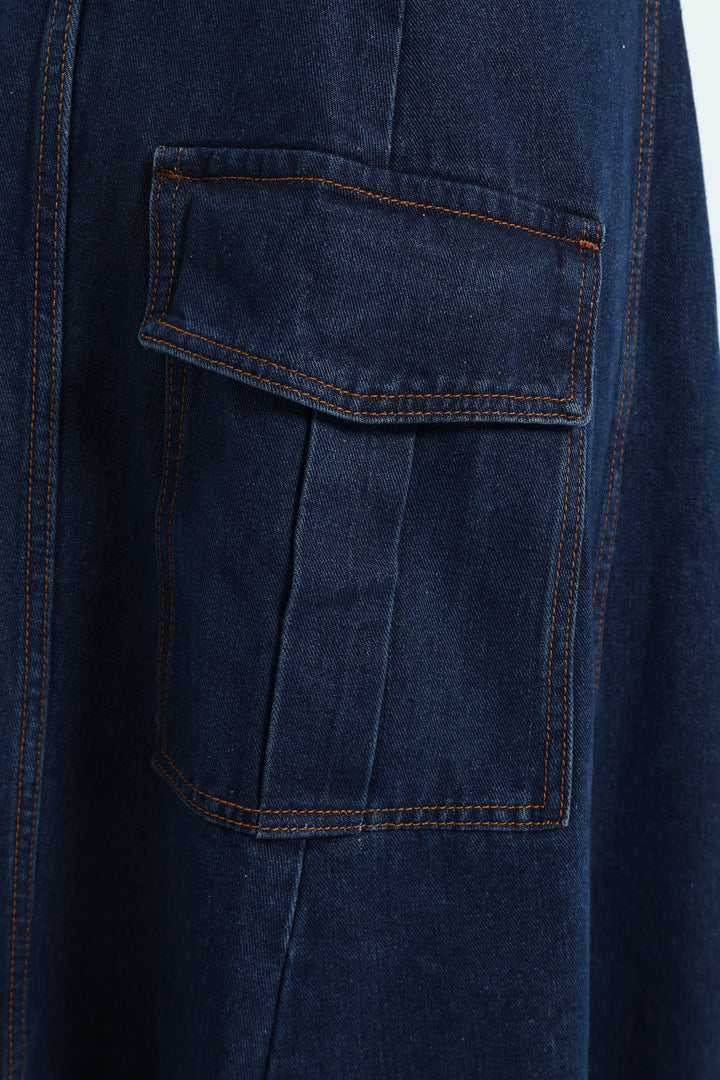 Self Belt Denim Wrap Cargo Pocket Maxi Skirt - Dark Wash