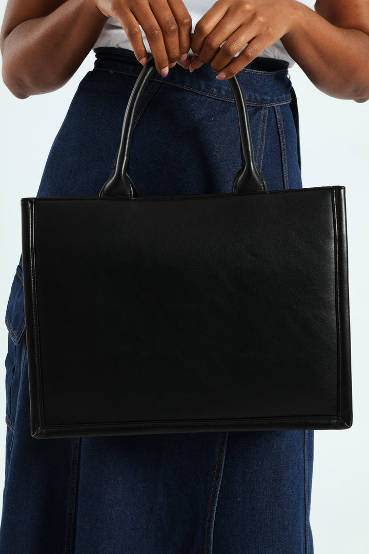Shopper With Bold Logo Print And Second Strap - Black