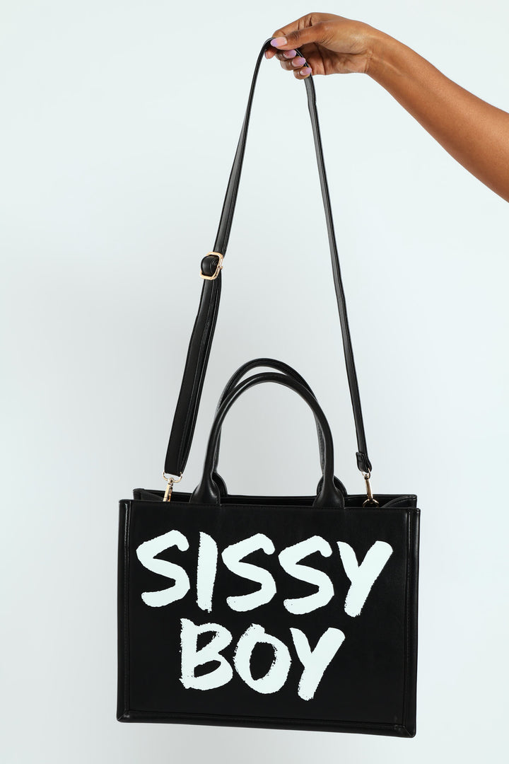 Shopper With Bold Logo Print And Second Strap - Black