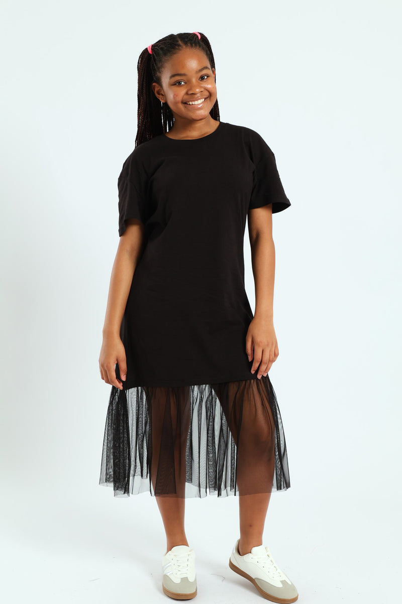 Girls Knit Tee Mesh Skirt Combo Dress - Black