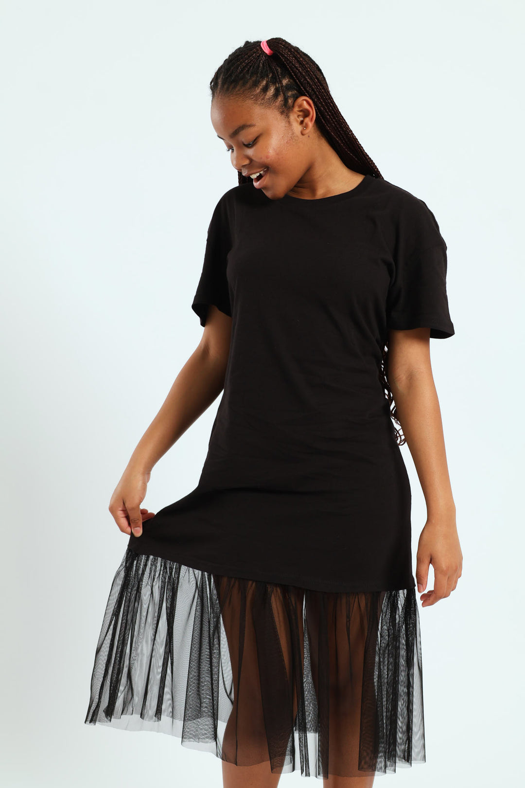 Girls Knit Tee Mesh Skirt Combo Dress - Black