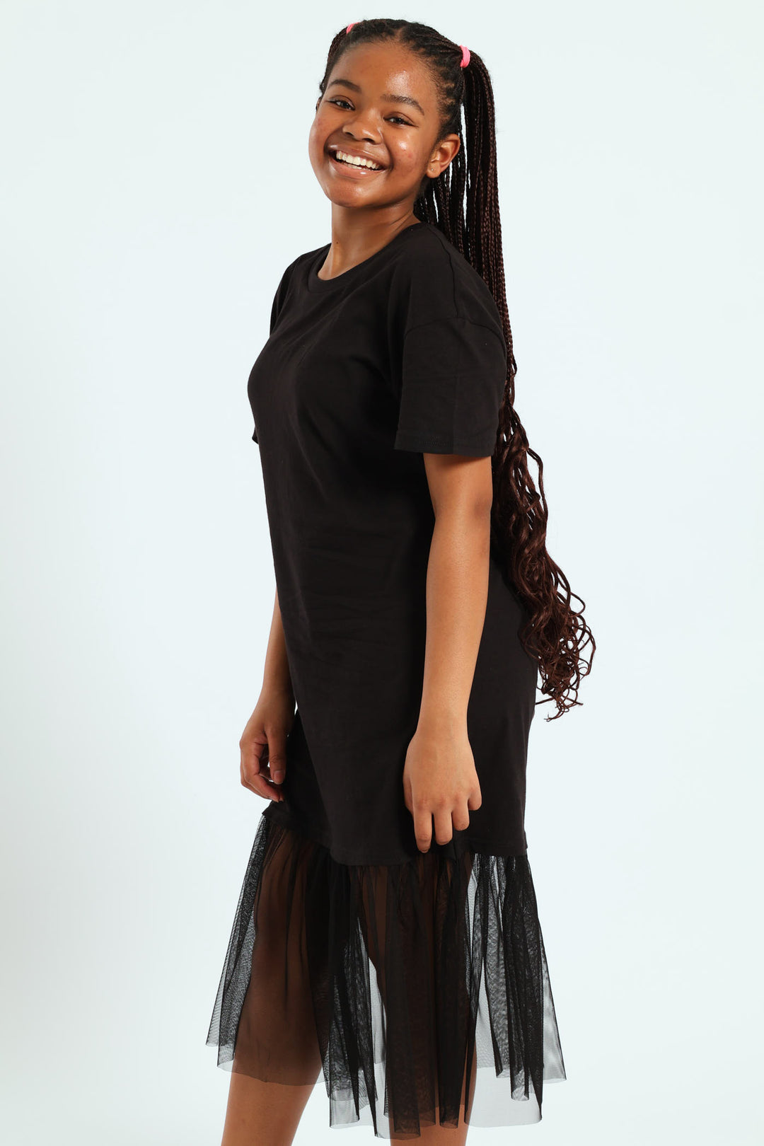 Girls Knit Tee Mesh Skirt Combo Dress - Black