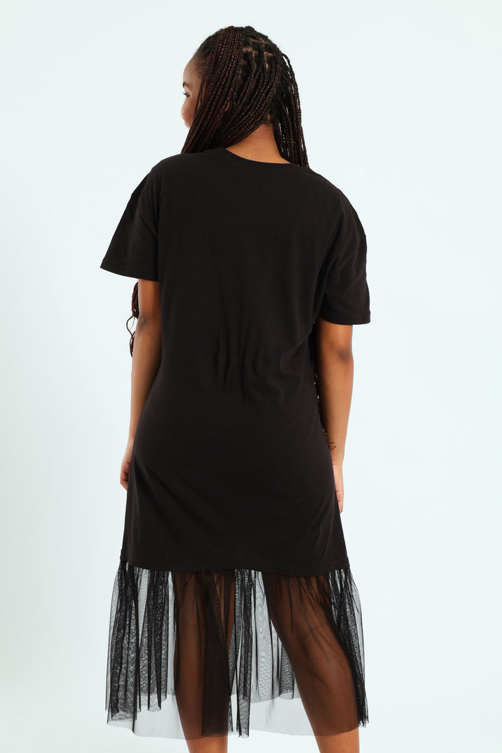 Girls Knit Tee Mesh Skirt Combo Dress - Black