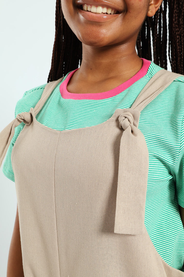 Girls Linen Dungaree - Stone