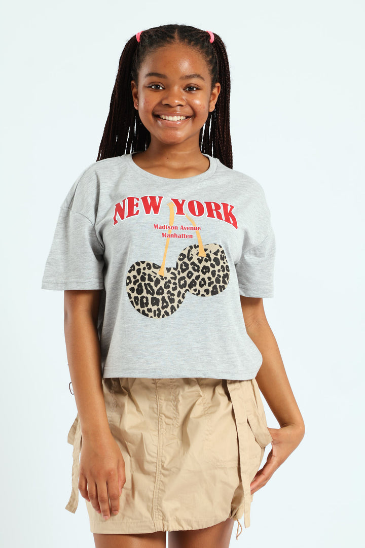 Girls Boxy Cherry Tee - Grey