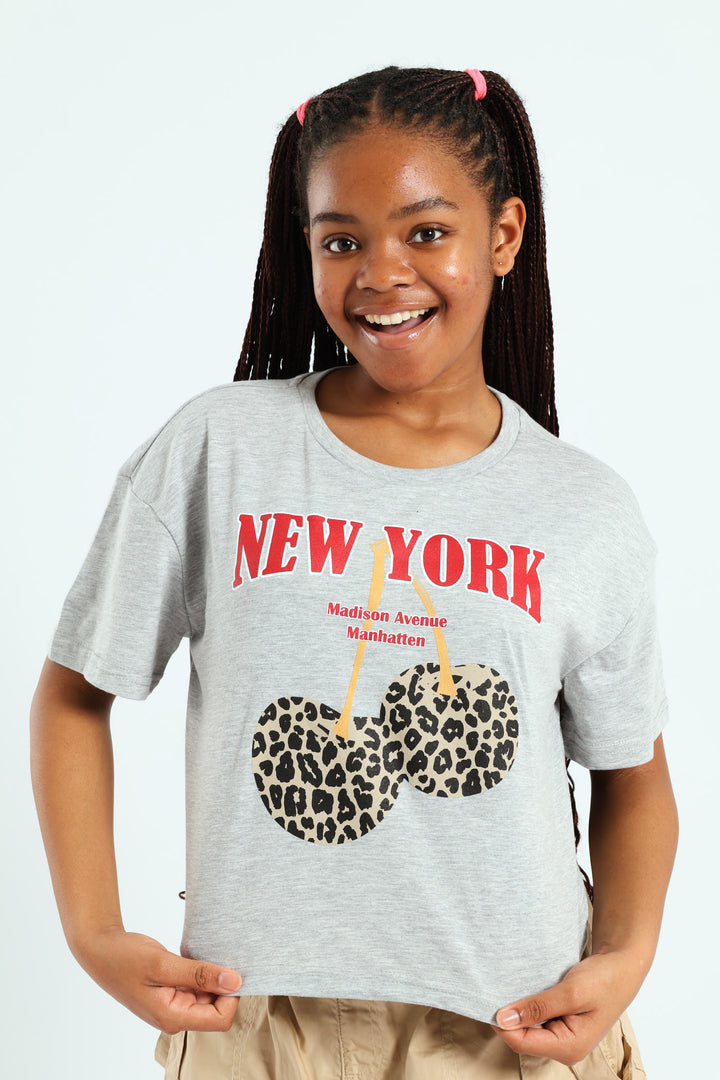 Girls Boxy Cherry Tee - Grey