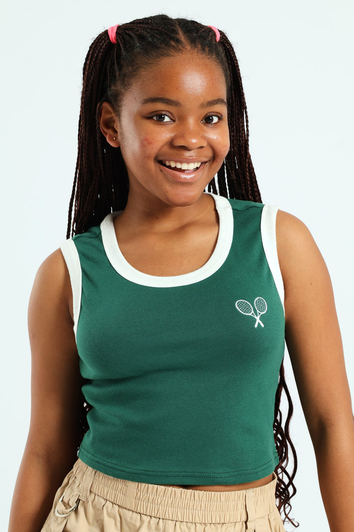 Girls Contrast Ribbed Vest - Green