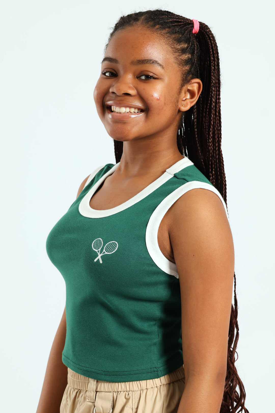 Girls Contrast Ribbed Vest - Green