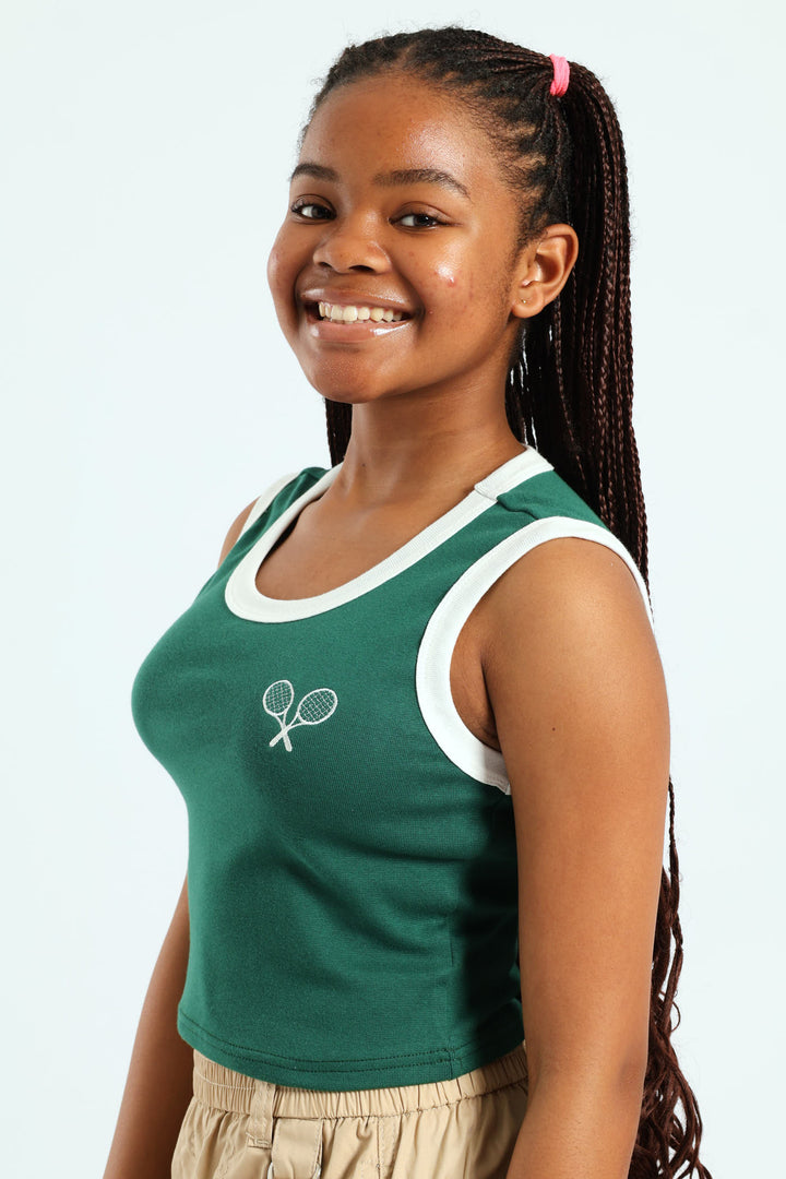 Girls Contrast Ribbed Vest - Green
