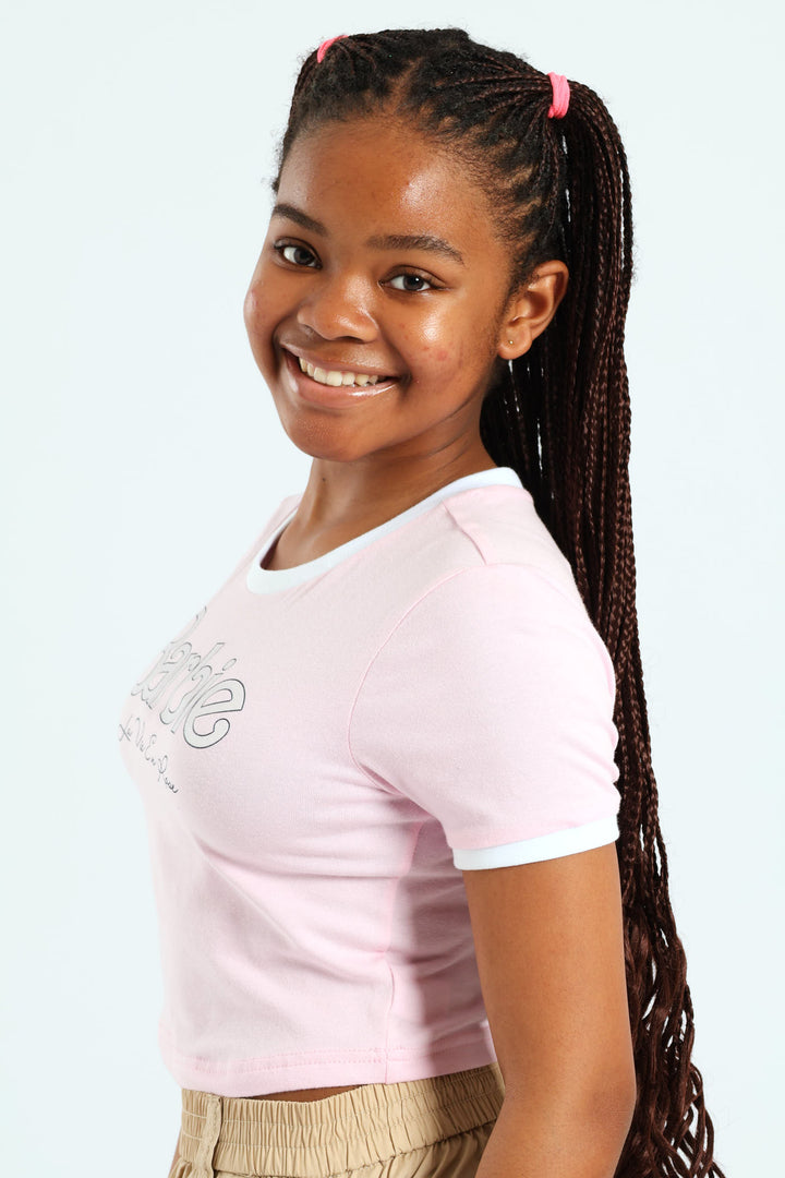Girls Barbie Ringer Tee - Pink