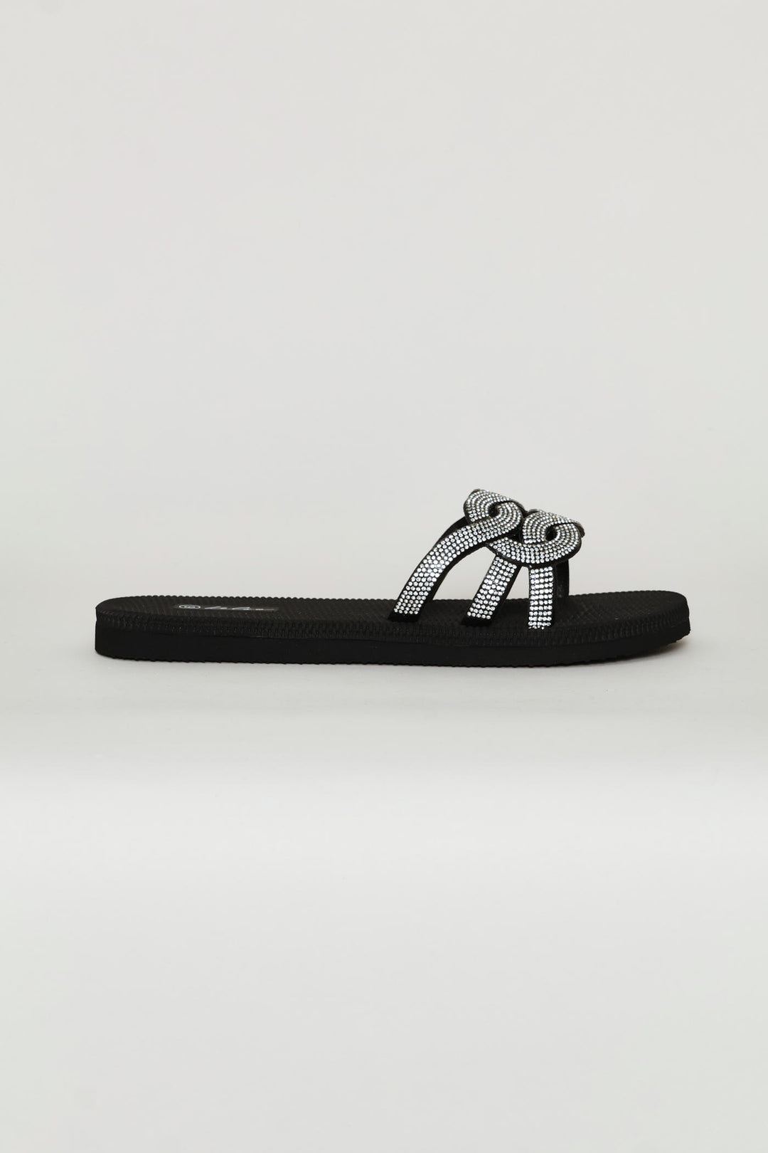Interlock Strap Diamante Vamp Mule Sandal - Black