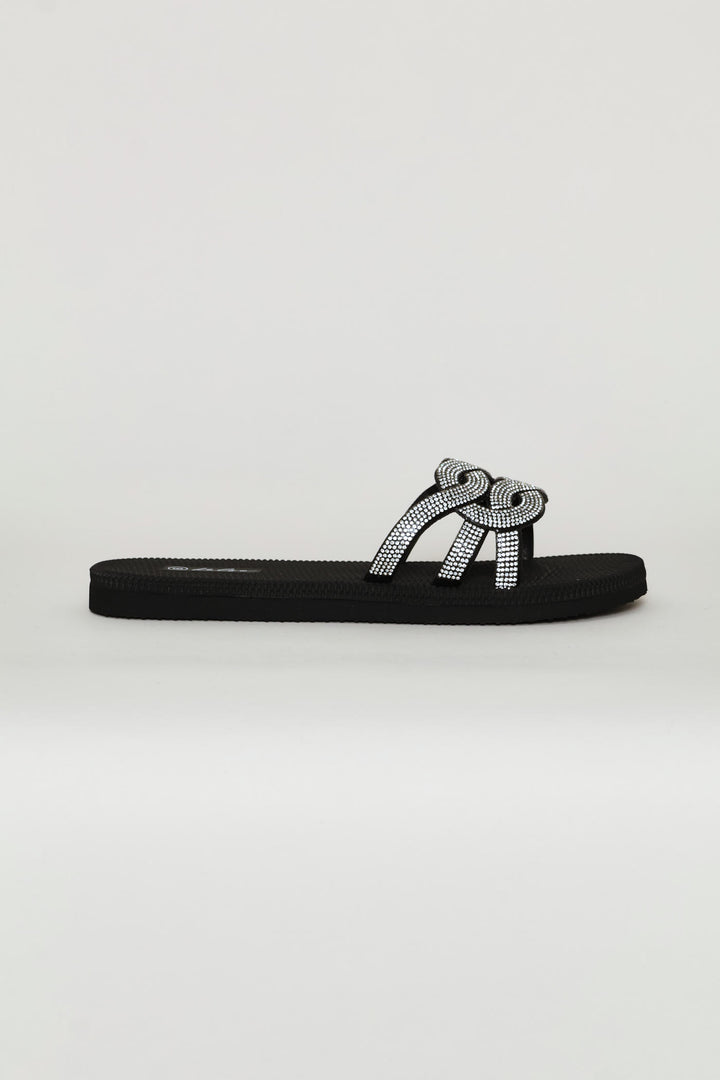 Interlock Strap Diamante Vamp Mule Sandal - Black