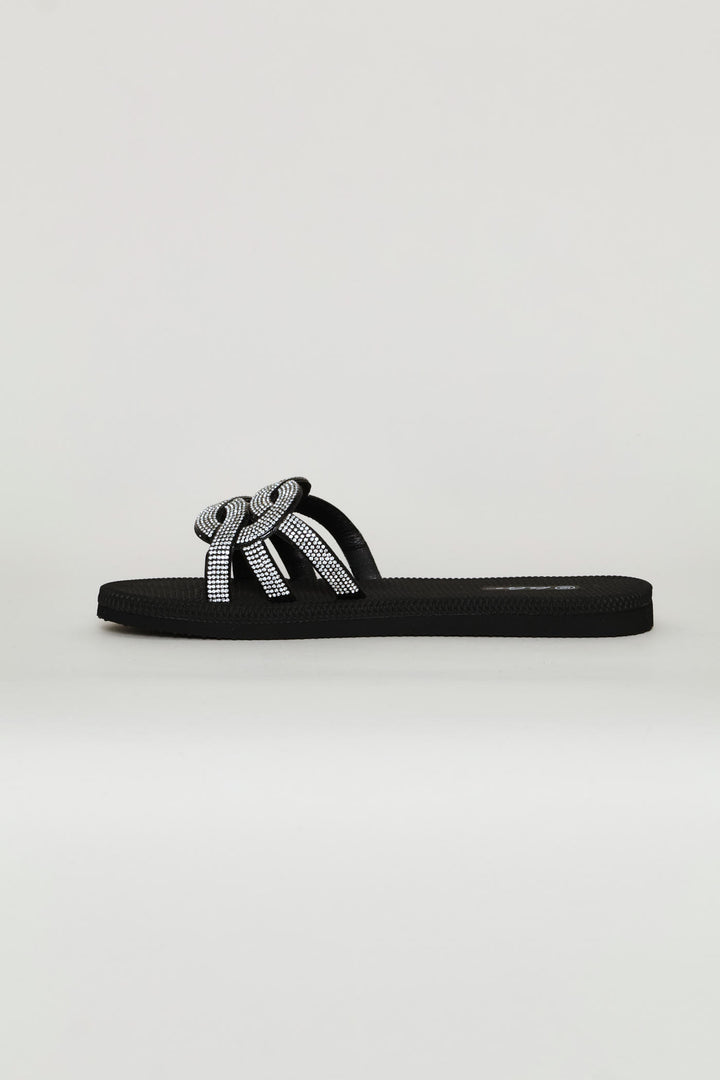 Interlock Strap Diamante Vamp Mule Sandal - Black