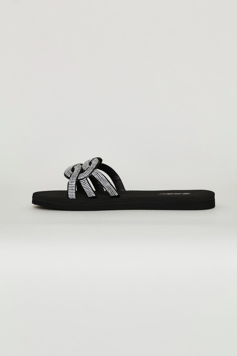 Interlock Strap Diamante Vamp Mule Sandal - Black