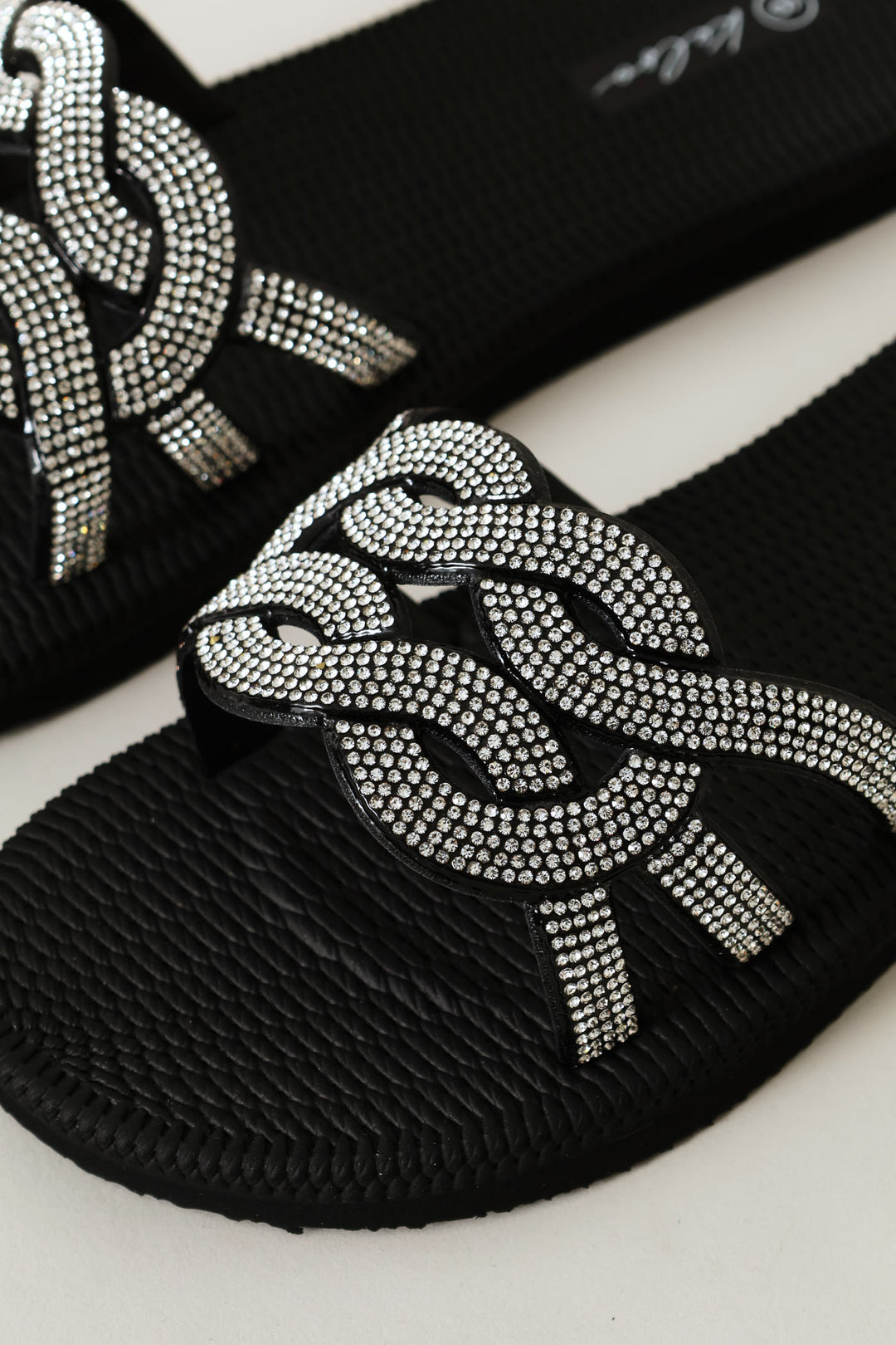Interlock Strap Diamante Vamp Mule Sandal - Black
