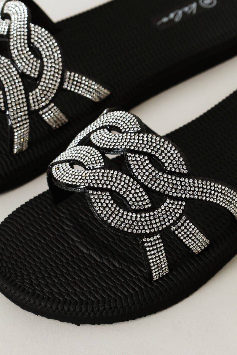 Interlock Strap Diamante Vamp Mule Sandal - Black