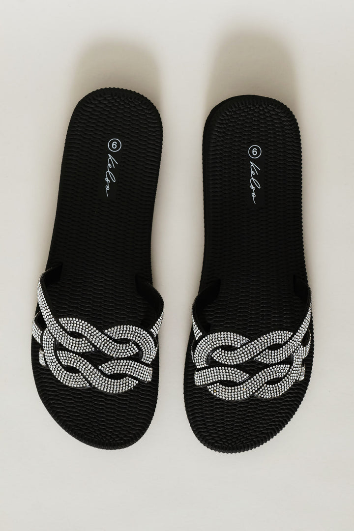Interlock Strap Diamante Vamp Mule Sandal - Black